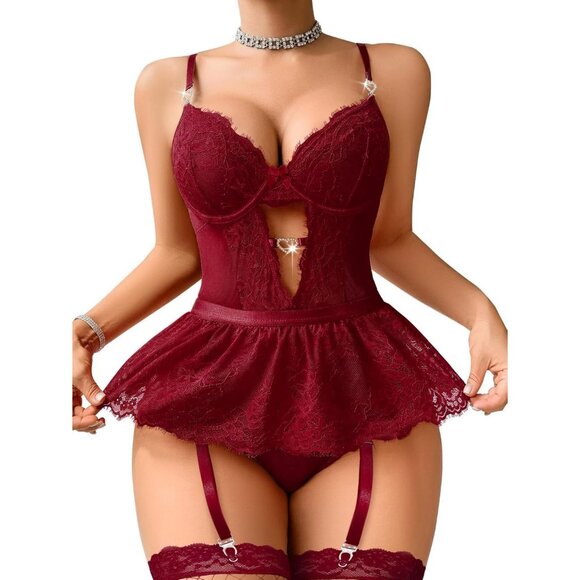 Rhinestone Heart Garter Lingerie Set: Mesh Babydoll, Stockings & Teddy - Picture 3 of 6